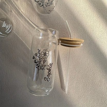 Personalized Wedding Gift Birth Flower Water Bottle Custom Can Glass with Lid and Straw Bridesmaid Proposal Gifts Mother's Day