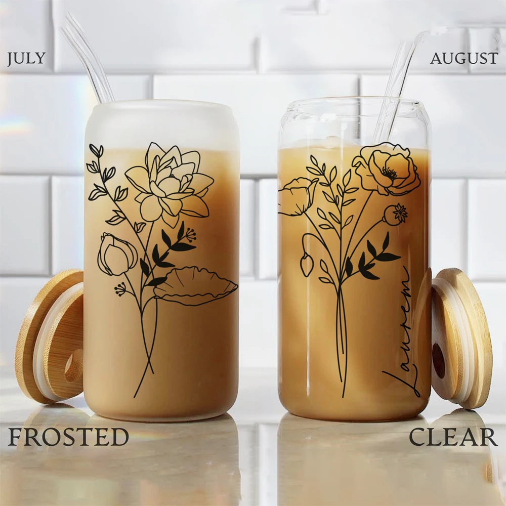 Personalized Wedding Gift Birth Flower Water Bottle Custom Can Glass with Lid and Straw Bridesmaid Proposal Gifts Mother's Day