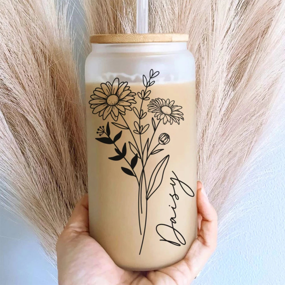 Personalized Wedding Gift Birth Flower Water Bottle Custom Can Glass with Lid and Straw Bridesmaid Proposal Gifts Mother's Day