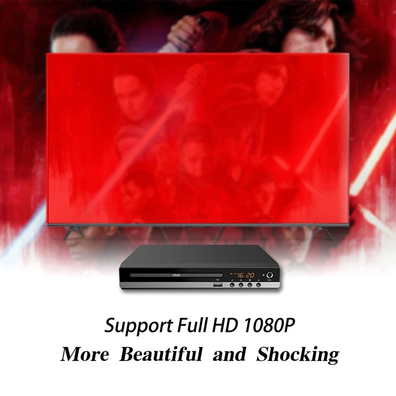 Full HD DVD Player + Remote Control 1080P High Definition CD/ EVD/ VCD Player with AV HDMI Output Microphone USB for Home TV KTV
