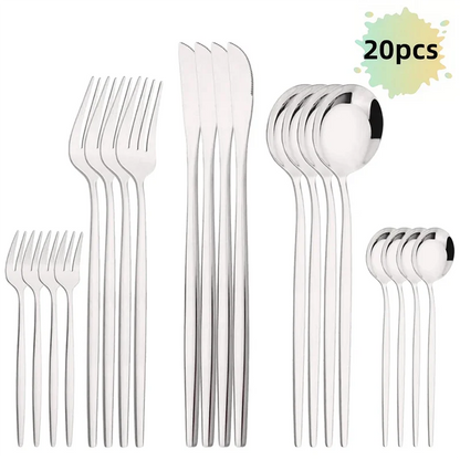 ABKW-Kitchen Tableware Silverware 20Pcs Silver Dinnerware Set Stainless Steel Dinner Cutlery Set Steak Knife Fruit Fork Spoon