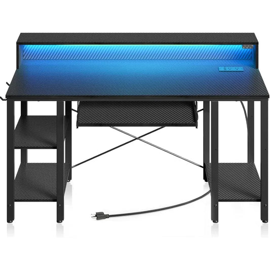 For Computer Desk with LED Lights & Power Outlets, 54” Gaming Desk with Storage Shelves, Home Office Desk with Keyboard Tray